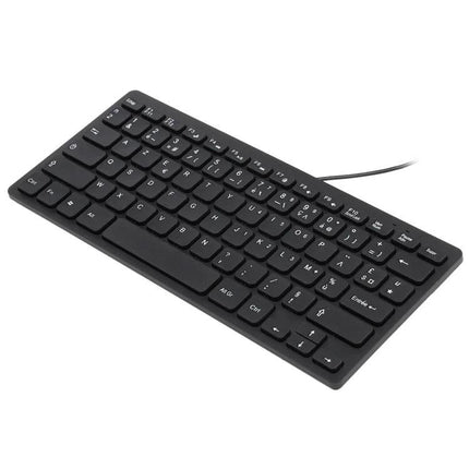 Compact Ultra-Thin Wired Keyboard with French Layout Design - slim black wired keyboard angled view, low-profile keys for small desks and efficient typing