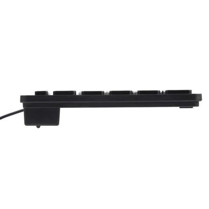 Compact Ultra-Thin Wired Keyboard with French Layout Design shown side profile, slim black wired keyboard ideal for small desks