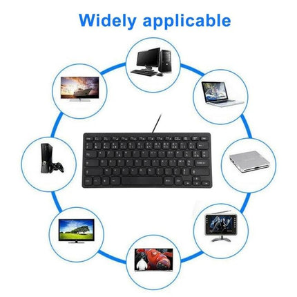Compact Ultra-Thin Wired Keyboard with French Layout Design shown centrally with devices (PC, laptop, monitor, console) in a circular setup