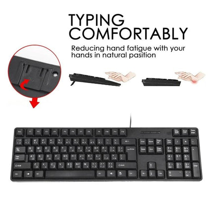 Ergonomic Waterproof USB Keyboard for Arabic Typing showing black Arabic-layout waterproof USB keyboard with adjustable tilt feet and ergonomic key profile