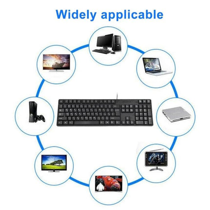 Ergonomic Waterproof USB Keyboard for Arabic Typing - black wired keyboard shown with compatible devices, waterproof and ergonomic for home or office use