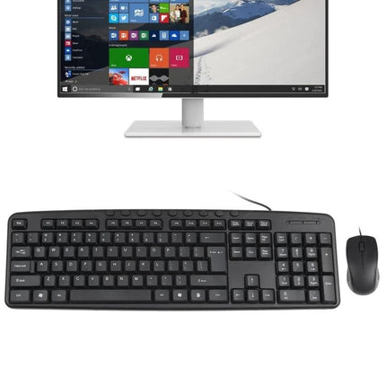 Ergonomic Wired USB Keyboard and Mouse Set for Daily Computing - black full-size keyboard with wired mouse under monitor