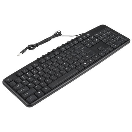 Ergonomic Wired USB Keyboard and Mouse Set for Daily Computing - slim black wired keyboard angled view showing full layout and USB cable