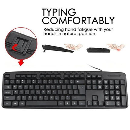 Ergonomic Wired USB Keyboard and Mouse Set for Daily Computing showing angled ergonomic keyboard to reduce hand fatigue
