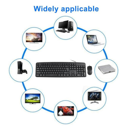 Ergonomic Wired USB Keyboard and Mouse Set for Daily Computing showing wired keyboard and mouse with devices compatibility