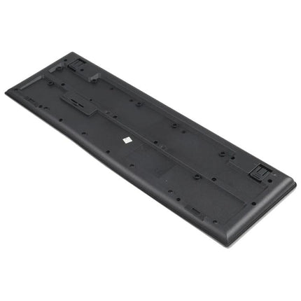 Waterproof Wireless Keyboard and Mouse Set for Office Use showing underside of slim black keyboard with battery compartment and rubber feet