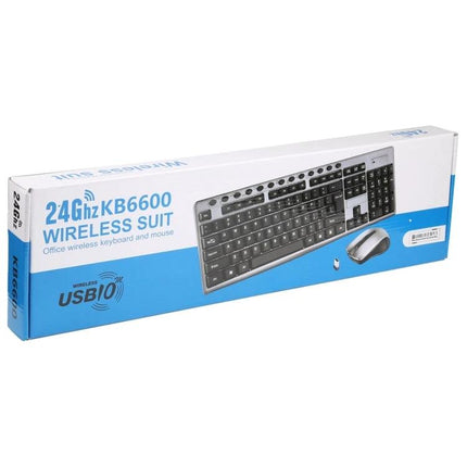 Waterproof Wireless Keyboard and Mouse Set for Office Use - slim black keyboard and silver mouse in retail box, spill-resistant office set