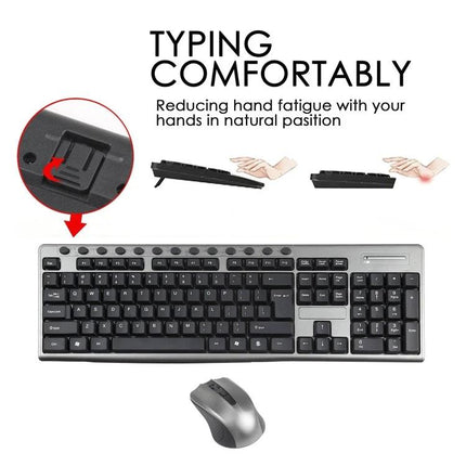 Waterproof Wireless Keyboard and Mouse Set for Office Use showing ergonomic low-profile keyboard and matching wireless mouse resisting spills and improving comfort