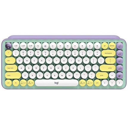 Logitech POP Keys Round Button Bluetooth Mechanical Keyboard in pastel purple green yellow with round white keycaps, three-device Bluetooth easy-switch