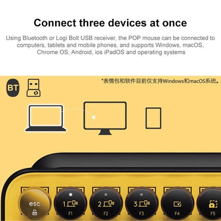 Logitech POP Keys Round Button Bluetooth Mechanical Keyboard showing round keys and icons for connecting three devices via Bluetooth or Logi Bolt