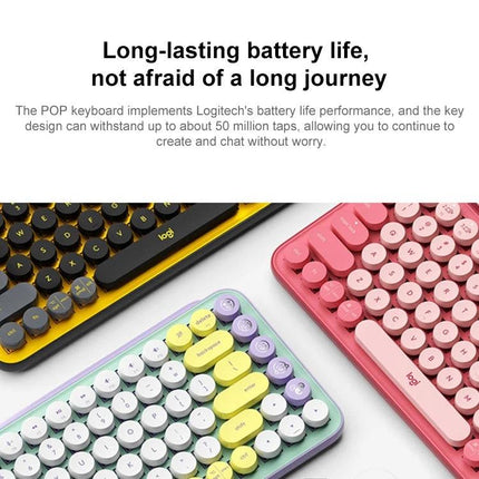 Logitech POP Keys Round Button Bluetooth Mechanical Keyboard shown in pastel, pink, and black colorways highlighting long-lasting battery life