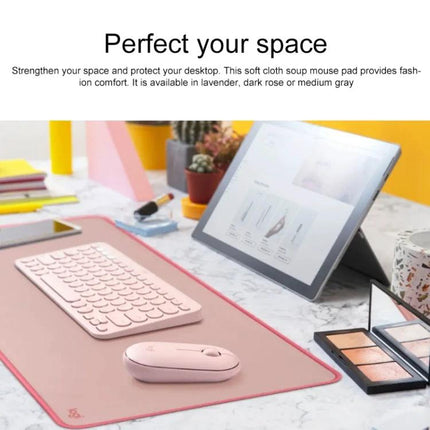 Logitech Soft Cloth Mouse Pad for Comfortable Daily Use on desk with lavender wireless mouse and keyboard, stable smooth surface for long work or gaming