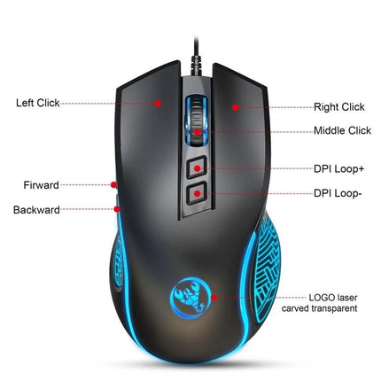 HXSJ X100 Wired Gaming Mouse with Colorful Backlight showing ergonomic black design, DPI buttons, side forward/backward, USB wired plug-and-play