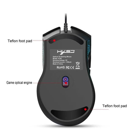 HXSJ X100 Wired Gaming Mouse with Colorful Backlight showing underside view, optical sensor, Teflon foot pads and wired USB connection