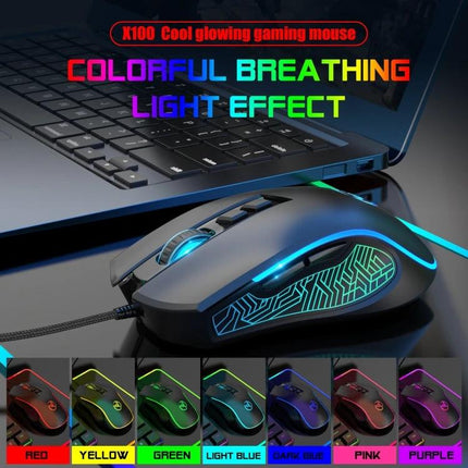 HXSJ X100 Wired Gaming Mouse with Colorful Backlight plugged into laptop showing RGB breathing light and braided cable