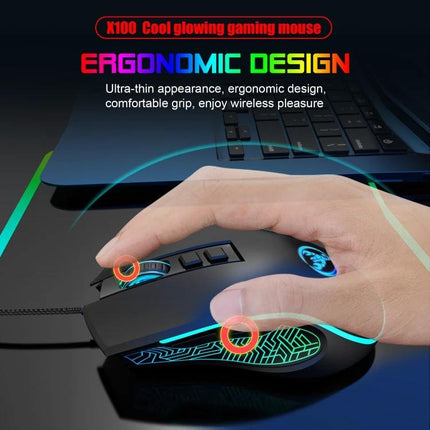 HXSJ X100 Wired Gaming Mouse with Colorful Backlight showing ergonomic design, RGB lighting, optical sensor and braided USB cable