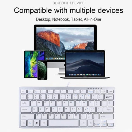 Compact 78-Key Ultra-Thin Wired Keyboard for Everyday Use showing slim white keyboard with desktops, laptops, tablet and phone compatibility