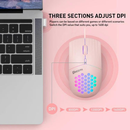 MKESPN Type-C Wired Mouse with RGB Lighting and Hollow Design shown next to laptop highlighting honeycomb RGB pattern and three DPI settings