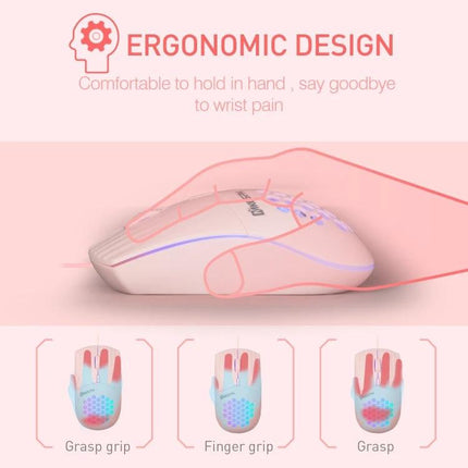 MKESPN Type-C Wired Mouse with RGB Lighting and Hollow Design ergonomic pink mouse showing ergonomic grips, honeycomb hollow base and RGB lighting