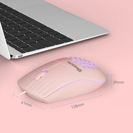MKESPN Type-C Wired Mouse with RGB Lighting and Hollow Design lightweight pink honeycomb gaming mouse beside laptop, 128x61x39mm dimensions