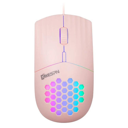 MKESPN Wired Mouse with RGB Lighting for Everyday Computing in pink with honeycomb RGB vents and 1600 DPI wired scroll wheel
