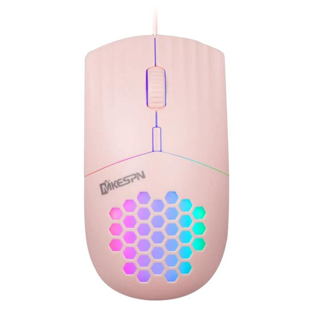 MKESPN Wired Mouse with RGB Lighting for Everyday Computing in pink with honeycomb RGB vents and 1600 DPI wired scroll wheel