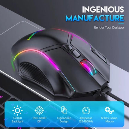 MKESPN X15 Wired RGB Gaming Mouse with Multiple Buttons wired ergonomic RGB gaming mouse showing 12 programmable buttons and RGB lighting