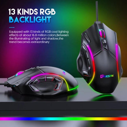 MKESPN X15 Wired RGB Gaming Mouse with Multiple Buttons shown with 13 kinds RGB backlight, 12 programmable buttons and ergonomic wired design