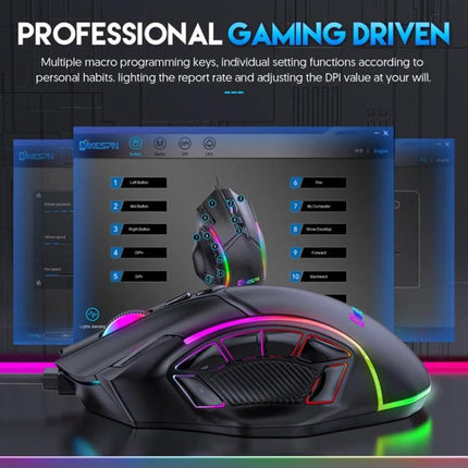 MKESPN X15 Wired RGB Gaming Mouse with Multiple Buttons shown with 12 programmable side buttons and RGB lighting on gaming software screen