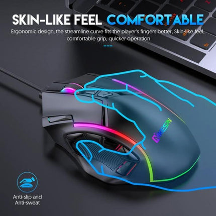 MKESPN X15 Wired RGB Gaming Mouse with Multiple Buttons showing ergonomic skin-like grip, 12 programmable buttons and RGB lighting