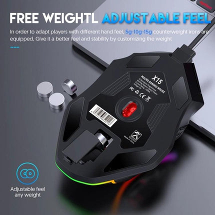 MKESPN X15 Wired RGB Gaming Mouse with Multiple Buttons showing underside, adjustable weight cores and RGB base