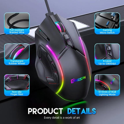 MKESPN X15 Wired RGB Gaming Mouse with Multiple Buttons showing RGB lighting, 12 programmable buttons, braided cable and 12800dpi sensor
