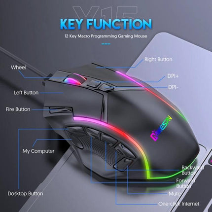 MKESPN X15 Wired RGB Gaming Mouse with Multiple Buttons ergonomic 12-programmable-button wired RGB gaming mouse with side macro keys