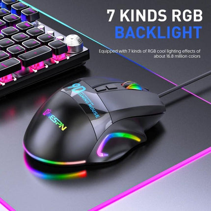 MKESPN X10 9-Button Wired Gaming Mouse with RGB Lighting showing ergonomic design, 7-kinds RGB backlight and programmable side buttons