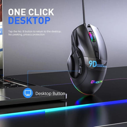 MKESPN X10 9-Button Wired Gaming Mouse with RGB Lighting showing ergonomic black mouse with 9 buttons and RGB glow near laptop