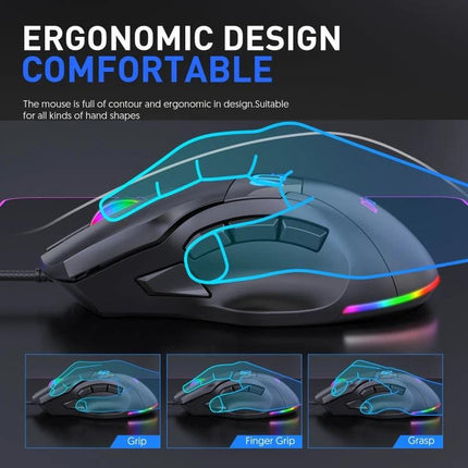 MKESPN X10 9-Button Wired Gaming Mouse with RGB Lighting showing ergonomic contour, side buttons and RGB accents for comfortable long gaming sessions
