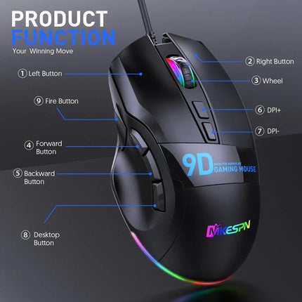 MKESPN X10 9-Button Wired Gaming Mouse with RGB Lighting showing ergonomic design, 9 programmable buttons and RGB lighting