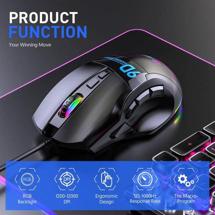 MKESPN X10 Wired RGB Gaming Mouse with 9 Programmable Buttons showing ergonomic design, RGB backlight, 1200-12000 DPI and programmable side buttons