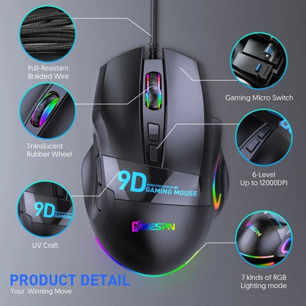 MKESPN X10 Wired RGB Gaming Mouse with 9 Programmable Buttons - ergonomic wired gaming mouse with braided cable, RGB lighting, 9 programmable buttons, 12000 DPI