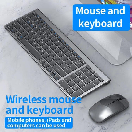 Three-Mode Wireless Bluetooth Keyboard for Everyday Typing slim silver keyboard and wireless mouse on desk, quiet low-profile keys