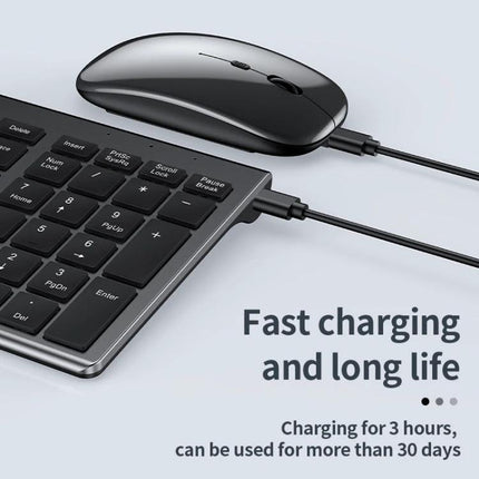 Three-Mode Wireless Bluetooth Keyboard for Everyday Typing slim rechargeable keyboard and mouse showing fast charging and long battery life