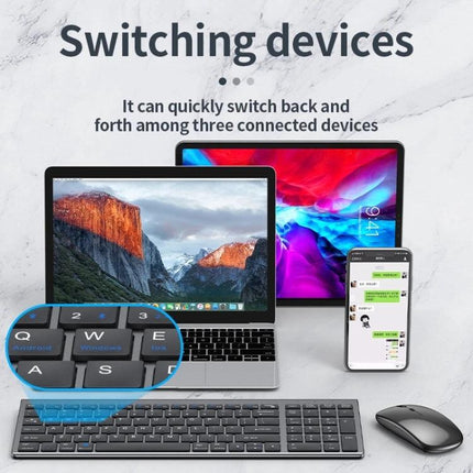 Three-Mode Wireless Bluetooth Keyboard for Everyday Typing showing keyboard switching between laptop, tablet and smartphone, quiet low-profile keys