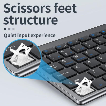 Three-Mode Wireless Bluetooth Keyboard for Everyday Typing showing scissor feet structure and quiet low-profile key switches