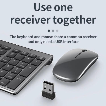 Three-Mode Wireless Bluetooth Keyboard for Everyday Typing showing keyboard, mouse and single USB receiver for shared connection