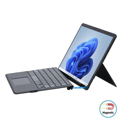 Microsoft Surface Pro 8 Bluetooth Keyboard Case with Backlight showing protective folio, backlit square keys and kickstand for travel and remote work