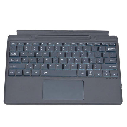 Microsoft Surface Pro 8 Bluetooth Keyboard Case with Backlight showing slim protective case, backlit square keys and built-in trackpad for travel productivity