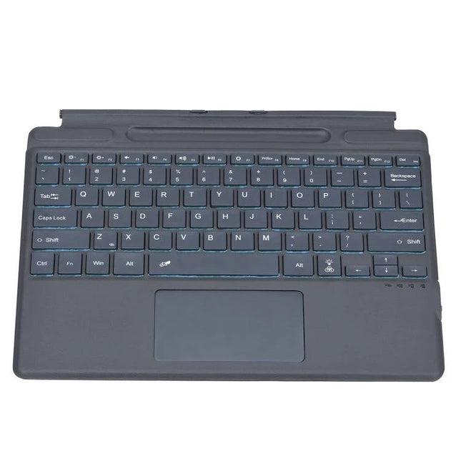 Microsoft Surface Pro 8 Bluetooth Keyboard Case with Backlight showing slim protective case, backlit square keys and built-in trackpad for travel productivity