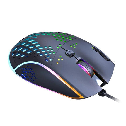 iMICE Ergonomic Wired Gaming Mouse with RGB Lighting in gray with honeycomb vents, braided cable and rainbow RGB backlighting
