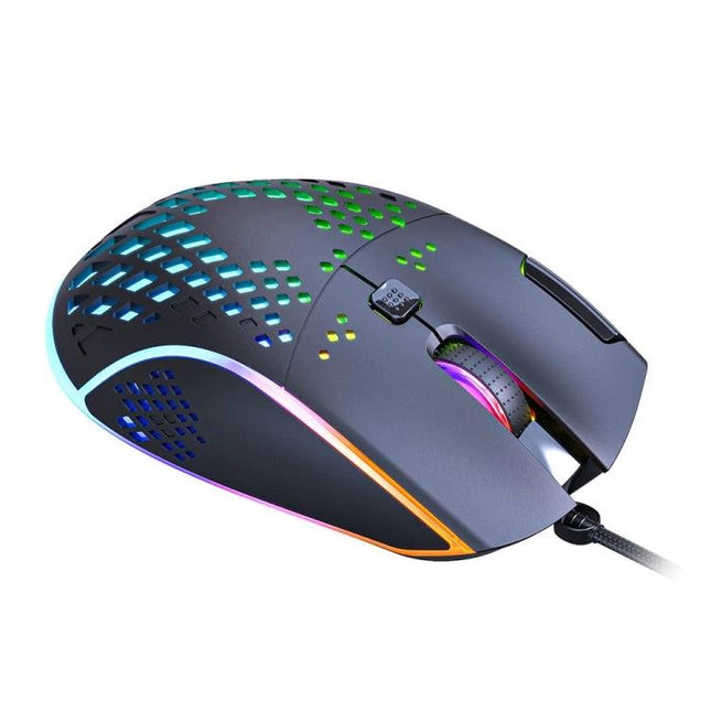 iMICE Ergonomic Wired Gaming Mouse with RGB Lighting in gray with honeycomb vents, braided cable and rainbow RGB backlighting