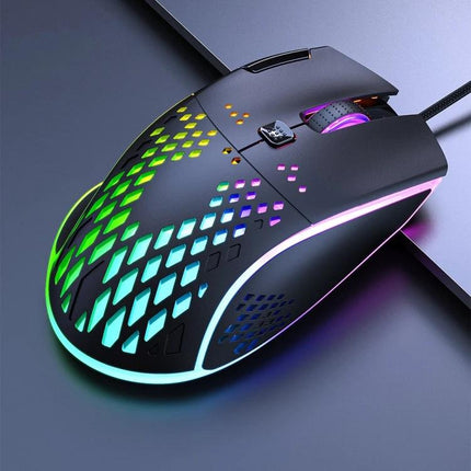 iMICE Ergonomic Wired Gaming Mouse with RGB Lighting - black ergonomic wired mouse with multicolor RGB lighting and honeycomb vents for gaming